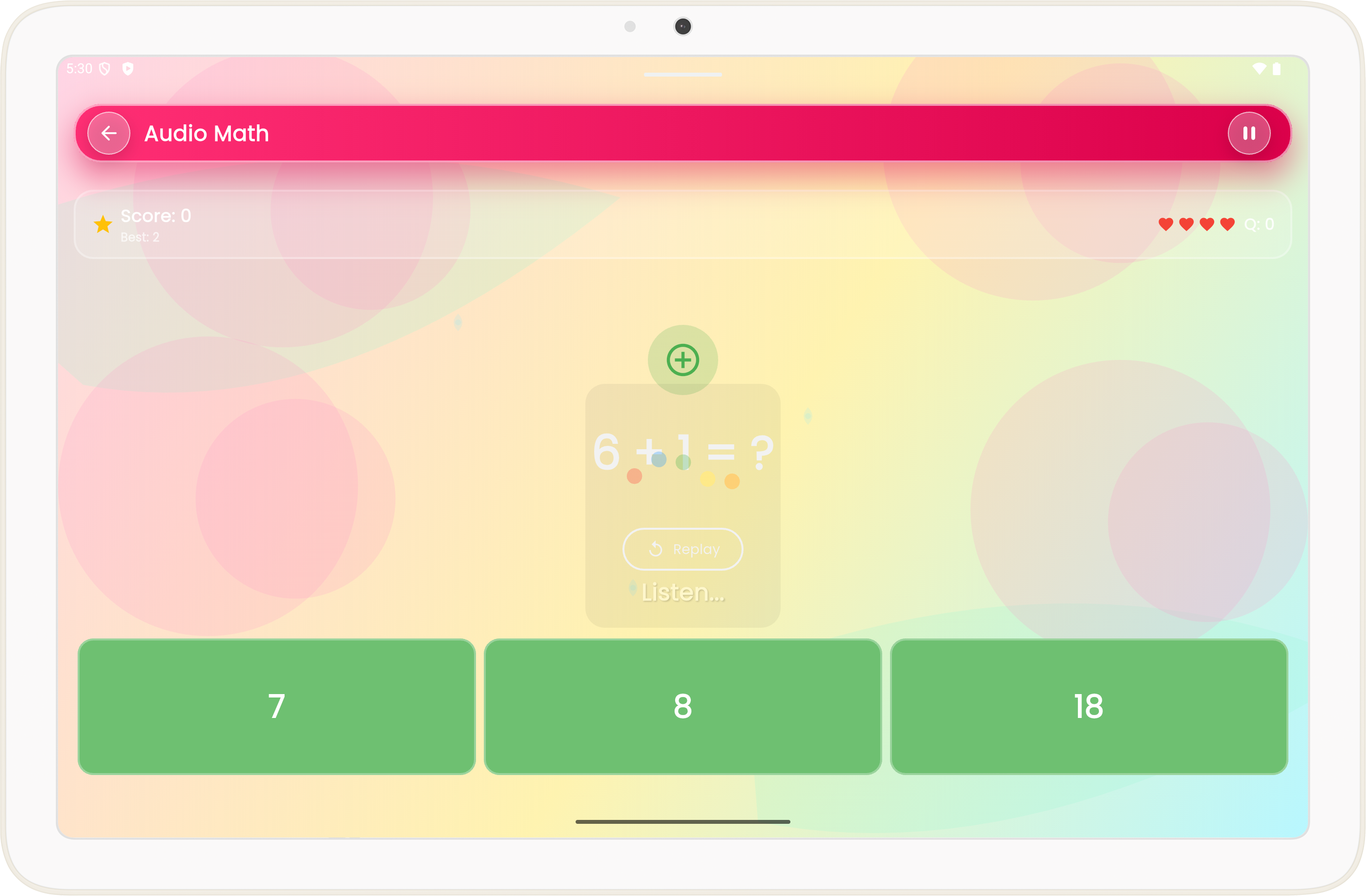 Audio math learning screen on tablet