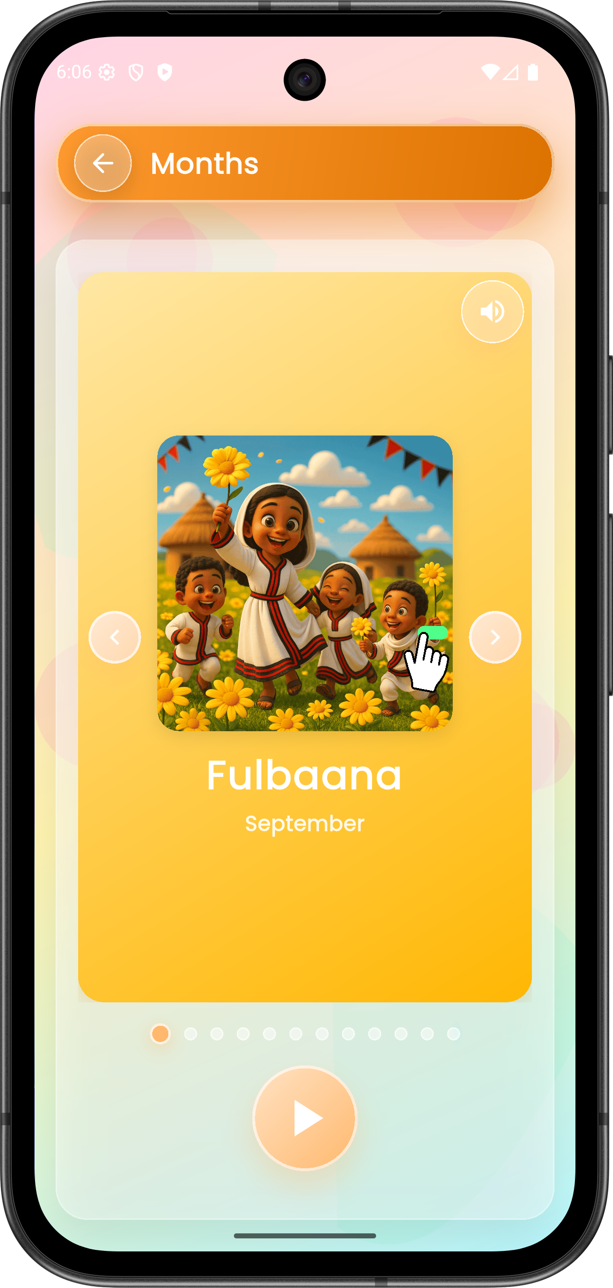 Months of the year learning screen in Afaan Oromoo on phone